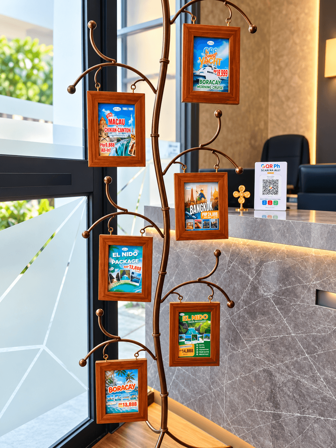 Reception counter with travel brochures at GR8 Escapes